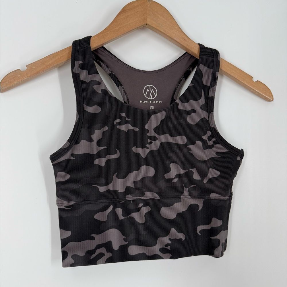 Move Theory Ribbed Racerback Sports Bra / Crop Top in Black Gray Camoflauge | XS